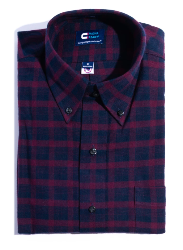 Burgundy Plaid Flannel Long Sleeve Shirt with Magnetic Closures